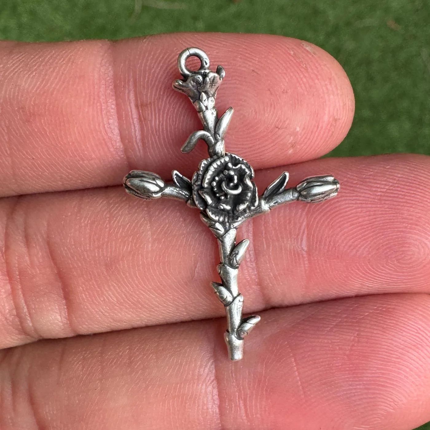 Roses Cross Charm. Sterling Silver